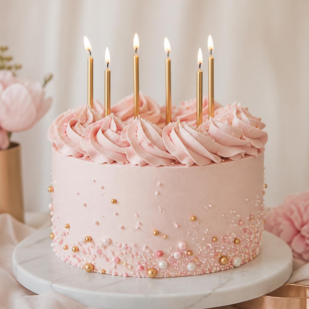 KMM birthday cake with blush buttercream swirls and gold candles
