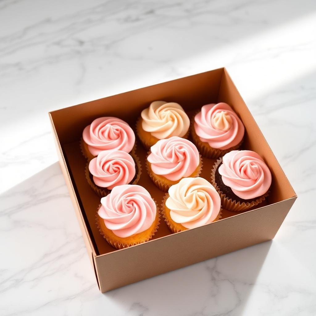 KMM cupcake box filled with assorted buttercream cupcakes