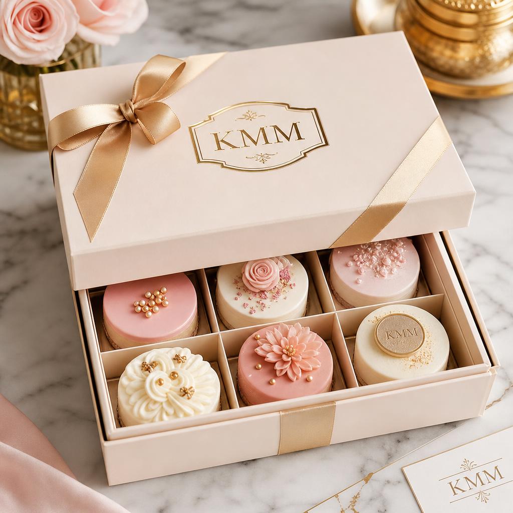 KMM branded gift cake box with gold ribbon and small iced cakes