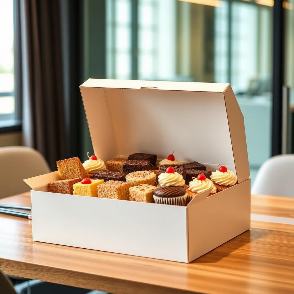 KMM office cake box with cakes and tray bakes on a meeting table