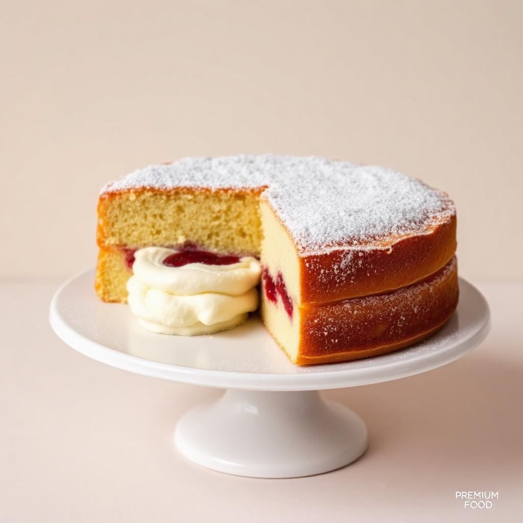 KMM classic sponge cake with cream and jam filling on a white cake stand