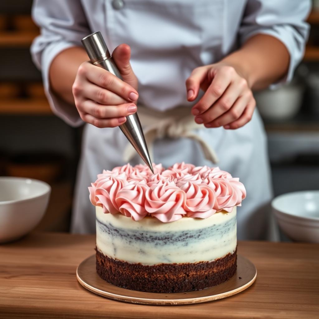 KMM baker decorating a cake with blush buttercream