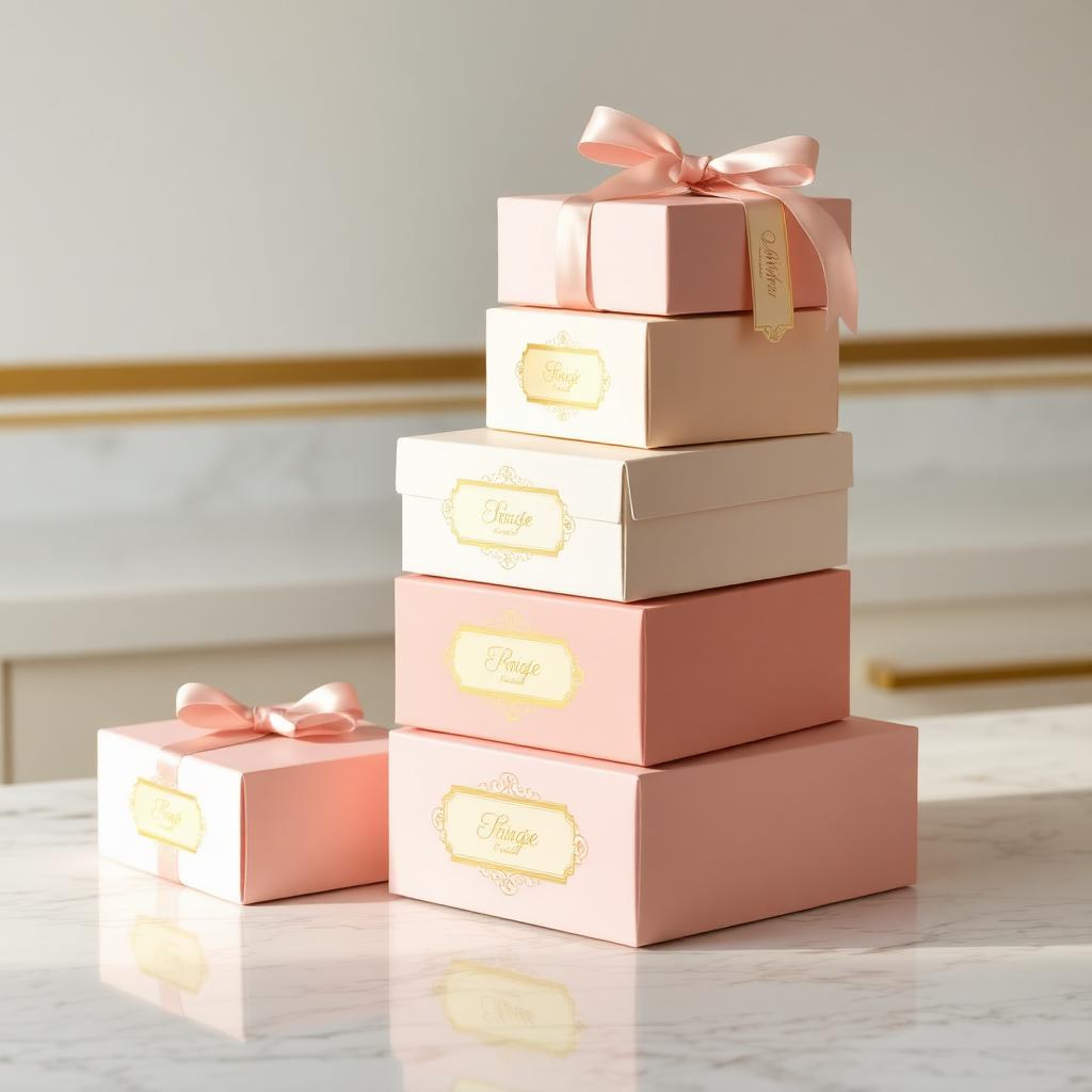 Stacked KMM cake boxes with gold foil labels and ribbon
