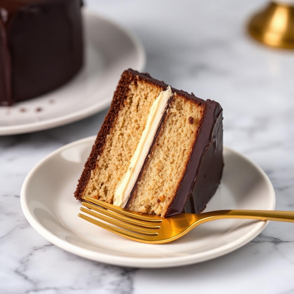 Slice of layered chocolate and vanilla cake on a cream plate
